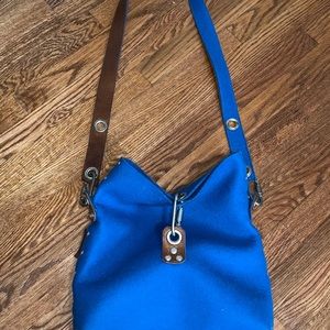 Rambag UK Blue Felt Handbag Purse Brown Leather Silver Rivets Unique Bag Tote
